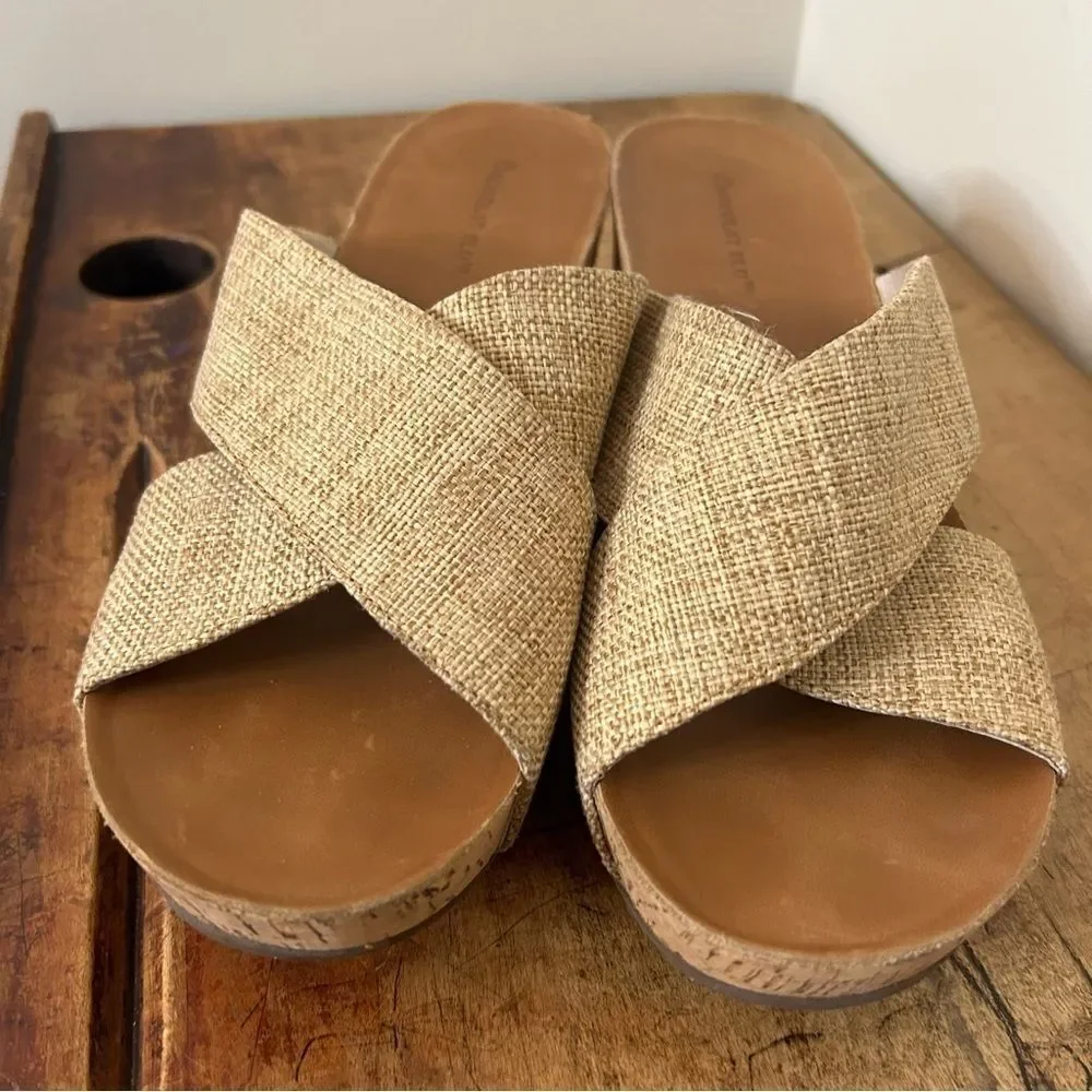 Chocolat Blu Melissa Cork Wedge Sandals Sand Cross Straps Women's 10